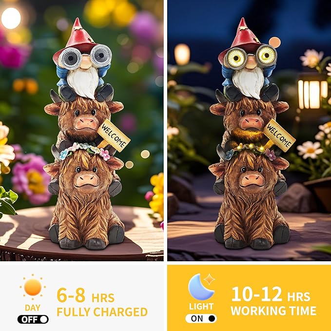 Christmas Garden Gnomes Outdoor Statue: 11'' Highland Cow Decor with Welcome Sign Funny Triple Yard Decorations with Solar Light Unique Birthday Gifts for Women Mother Grandma
