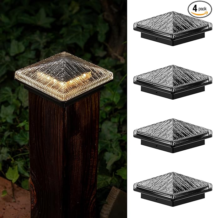 Glass Solar Post Cap Lights with Timber Style - Decorative Deck Fence Lights for 4x4 5x5 Posts Hidden Solar Panel, Modular Design, 10Hr Runtime, IP65, Warm White, Black, 4 Pack