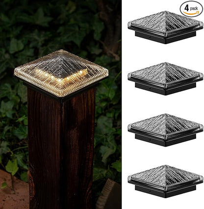 Glass Solar Post Cap Lights with Timber Style - Decorative Deck Fence Lights for 4x4 5x5 Posts Hidden Solar Panel, Modular Design, 10Hr Runtime, IP65, Warm White, Black, 4 Pack