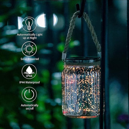 Hanging Solar Lantern Lights Outdoor 2 Pack,20 LED Solar Mercury Glass Mason Jar Hanging Lights Waterproof for Tree, Table, Yard, Garden, Patio, Holiday Party Outdoor Decor, Color Changing