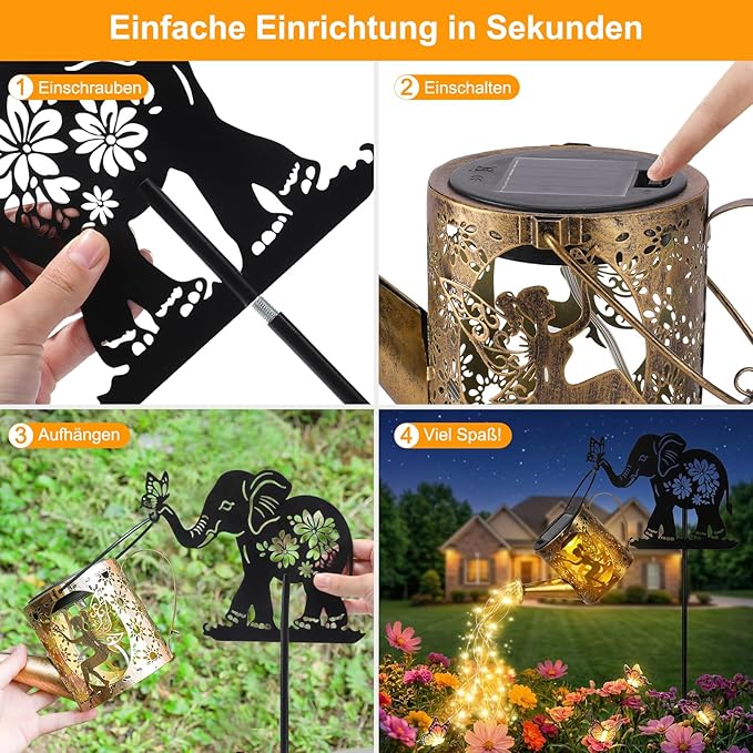 Solar Watering Can Lights Outdoor Decor with Elephant Stake & Fairy Silhouettes, Cascading String Lights for Garden, Patio, Yard - Waterproof Solar Powered Gift for Mom, Housewarming, Birthday