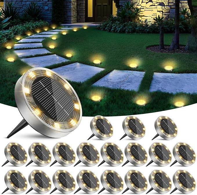 20 Pack Solar Ground Lights Outdoor, 8 LED Mini Flat Solar Disk Lights, IP65 Waterproof Anti-Rust Disc Light, Landscape Lighting for Garden Pathway Yard Walkway Driveway Lawn,Warm White