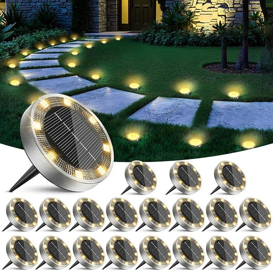 20 Pack Solar Ground Lights Outdoor, 8 LED Mini Flat Solar Disk Lights, IP65 Waterproof Anti-Rust Disc Light, Landscape Lighting for Garden Pathway Yard Walkway Driveway Lawn,Warm White