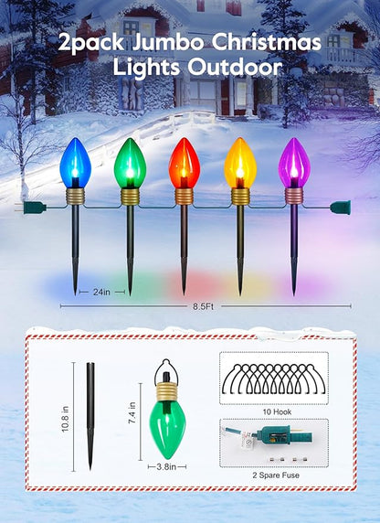 Jumbo C9 Christmas Pathway Lights Outdoor - 2 Pack Total 17 Feet 10 LED C9 Walkway Lights, Multicolor Jumbo Light Christmas Bulb Light Outdoor Decorations for Lawn Holiday Outside Yard Garden