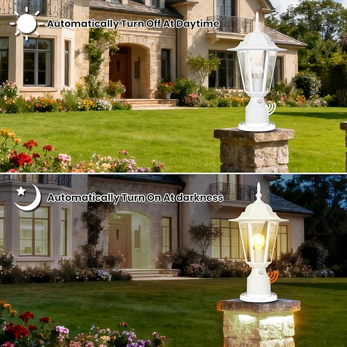 15" Dusk to Dawn Outdoor Post Light, Modern White Outdoor Lamp Post Light Fixture, Lamp Posts Exterior Lighting Pole Lantern for Outside Porch Garage Street, Waterproof Aluminum & Glass, 1 Pack, E26