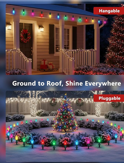 C9 Multicolor Christmas Pathway Lights,38FT 25 Pcs Multicolored Extendable Waterproof Christmas Walkway Lights with Multicolor Bulbs and Stakes for Outdoor Lawn Garden Sidewalk Xmas Decorations
