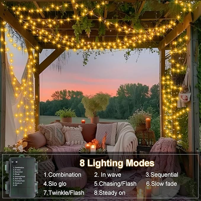 2 Pack String Lights Battery Operated, Each 23ft 70 LED Christmas Lights with Timer 8 Modes Fairy Light Clear Wire for Wedding Garland Xmas Tree Outdoor Decoration (Warm White)