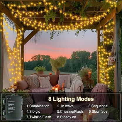2 Pack String Lights Battery Operated, Each 23ft 70 LED Christmas Lights with Timer 8 Modes Fairy Light Clear Wire for Wedding Garland Xmas Tree Outdoor Decoration (Warm White)