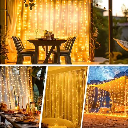 HXWEIYE Rechargeable 300LED Curtain Lights Battery Powered, 9.8x9.8Ft Outdoor Fairy String Lights with Remote & DIY Timer, 8 Modes Twinkle Light Waterproof for Indoor Backdrops Wedding, Warm White