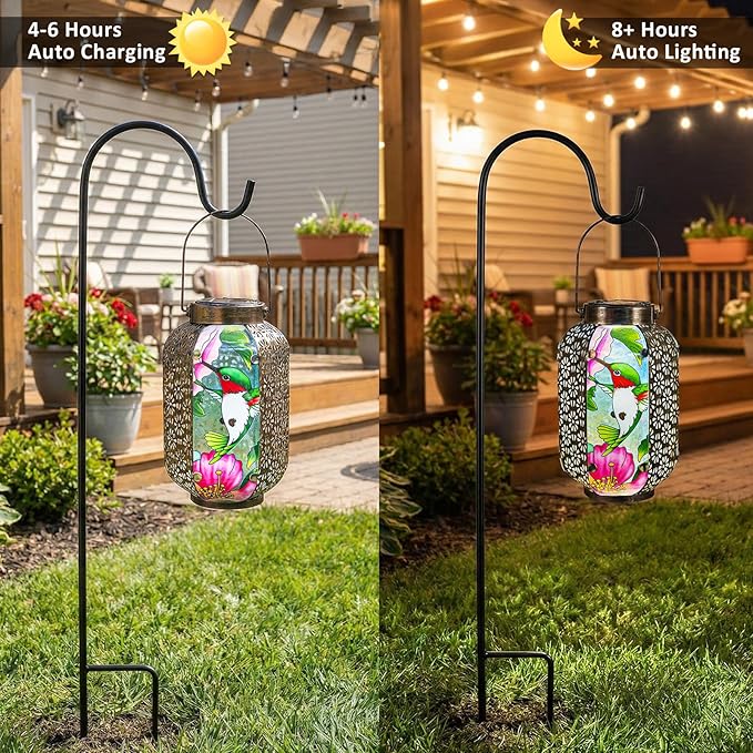 Hummingbird Solar Lantern Outdoor Hanging Lights – Waterproof Metal Garden Decor with Stained Glass, LED Solar Decorative Lamp for Patio, Yard, Porch, Pathway, Gardening Gifts for Mom, Grandma, Women