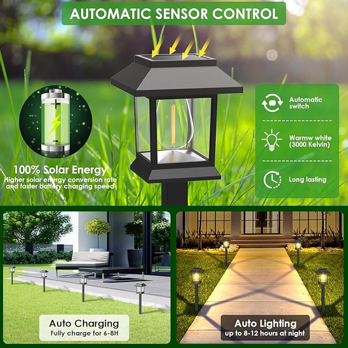 12-Pack Black Solar Path Lights, Outdoor Driveway LED