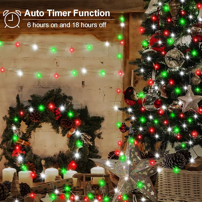 echosari 2 Pack Red White and Green Christmas Fairy Lights Battery Operated, 200 LED 66Ft Silver Wire Starry String Lights Auto Timer 8 Modes Waterproof Mini Lights for Wreath DIY Fence Decor