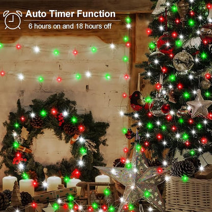 echosari 2 Pack Red White and Green Christmas Fairy Lights Battery Operated, 200 LED 66Ft Silver Wire Starry String Lights Auto Timer 8 Modes Waterproof Mini Lights for Wreath DIY Fence Decor