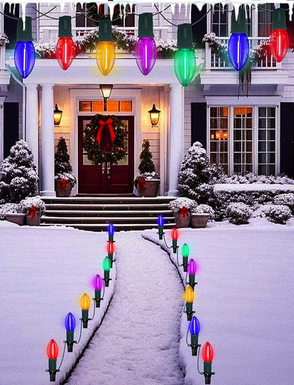 C9 LED Christmas Pathway Lights Outdoor 38Ft 25 LED C9 Multicolor Bulbs Christmas Pathway Stakes Lights, Connectable Outdoor Walkway Lights for Yard Patio Sidewalk Driveway Garden Lawn Decor