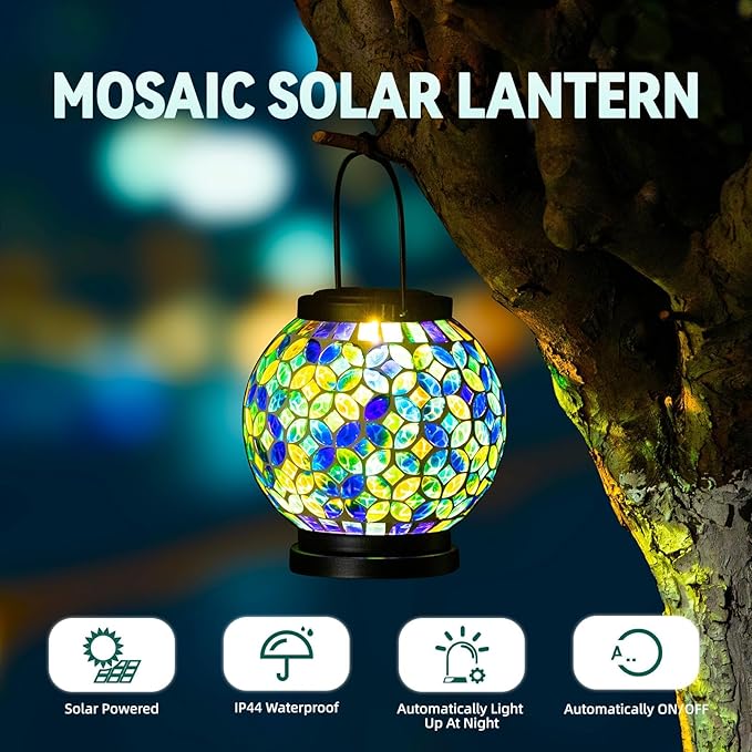 Mosaic Solar Hanging Lanterns, Metal Garden Decor
