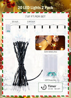 2-Pack 8ft Christmas LED String Lights, Waterproof Timer Lights