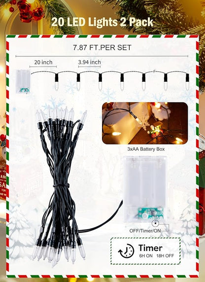 2-Pack 8ft Christmas LED String Lights, Waterproof Timer Lights