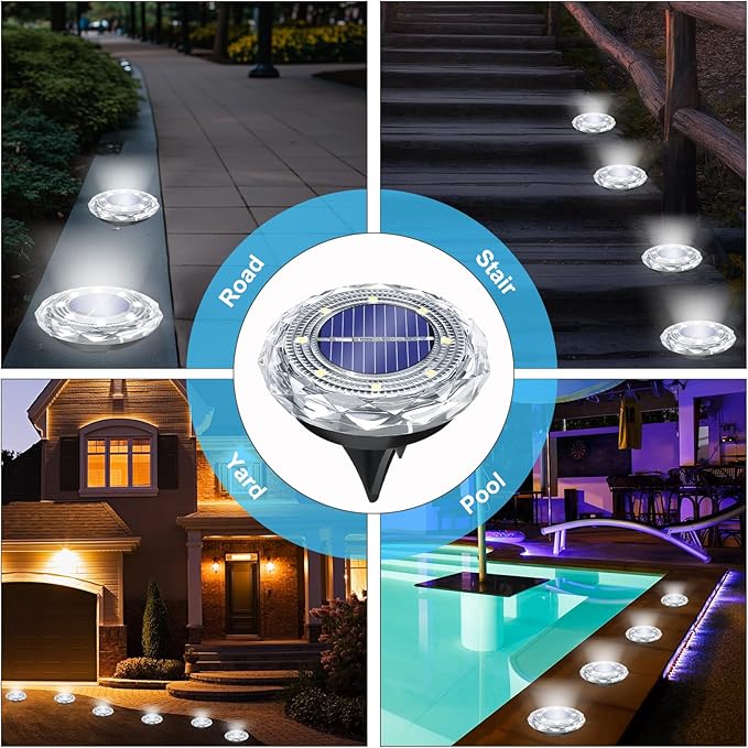 Solar Ground Light Outdoor 8 Pack Mini Solar Grounf Lights Waterproof Landscape Lighting Solar Powered Pathway Lights LED Disk Light for Patio Lawn Driveway Yard Decor, Cool White