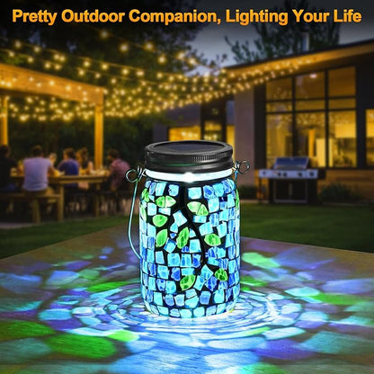 Uspring Stained Glass Mosaic Solar Lanterns Outdoor Waterproof Garden Decor Hanging Solar Jar Lights Gifts for Women Mom Grandma Handmade Outdoor Lantern Lamp for Patio Porch Yard Balcony Table Decor