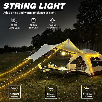 DIBMS 1-Pack Camping String Light w/Lamp, 32.8FT Rechargeable Waterproof LED Hanging Light for Outdoor Camping Awning Tent Garden Party Festival Decor