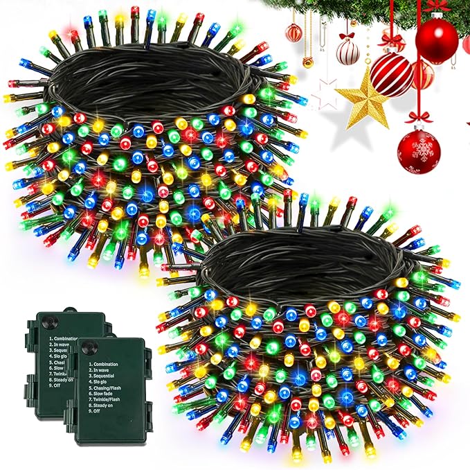 2 Pack Battery Operated Christmas Lights with Timer, 66FT 200 LED Waterproof Battery Twinkle Light, 8 Modes Green Wire Fairy Lights for Indoor & Outdoor Bedroom Tree Christmas Decorations (Multicolor)