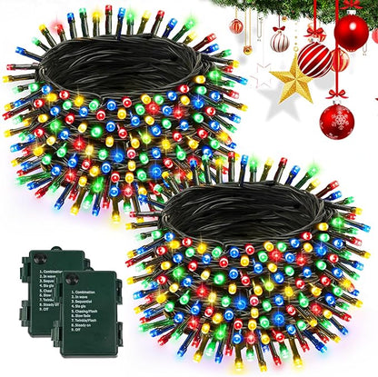 2 Pack Battery Operated Christmas Lights with Timer, 66FT 200 LED Waterproof Battery Twinkle Light, 8 Modes Green Wire Fairy Lights for Indoor & Outdoor Bedroom Tree Christmas Decorations (Multicolor)