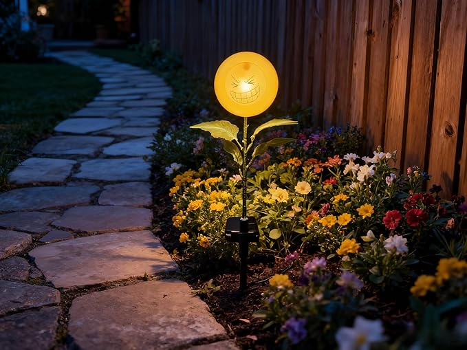 Personified Bobble Face Wind Spinners Sunflower Solar Light Outdoor with Funny Smiling Eyes Face - Garden Decor, Waterproof Auto-On/Off Pathway, Lawn, Yard Stake Light for Decorations - Single Pack