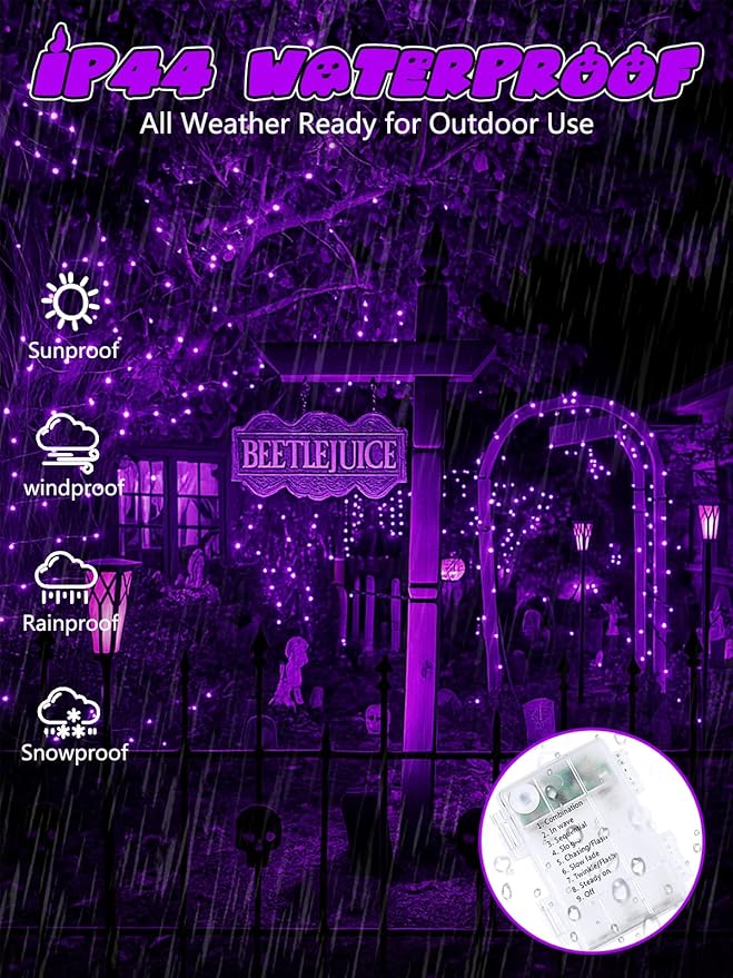 Christmas String Lights Battery Operated with Auto Timer, 33FT 100 LED Waterproof Purple Twinkle Lights, 8 Modes Fairy Lights for Indoor ＆ Outdoor Party Bedroom Garland Tree Yard Christmas Decorations