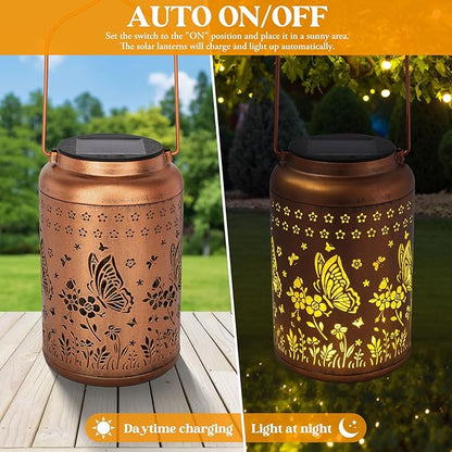 Butterfly Solar Lanterns Outdoor Waterproof, Butterfly Birthday Gifts for Women Mom Grandma, Metal Hanging Solar Lights Outside Decorations for Garden Patio Porch Backyard Garden Decor