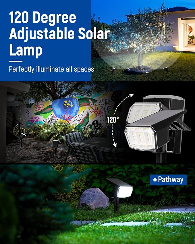 Solar Spot Lights Outdoor Waterproof 2 Pack IP65, 63 LED 3 Lighting Modes Spotlights for Yard Garden House Garage Pathway