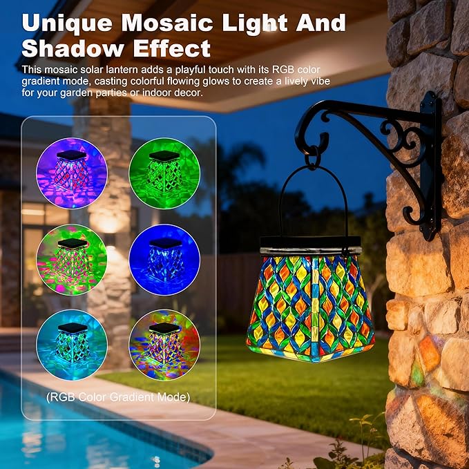 VOREEN Mosaic Solar Lantern, Colorful Mosaic Glass Decorative Lantern for Outdoor Garden & Patio, Tabletop or Hanging Solar Powered Light, Multicolor Geometric Lattice Design