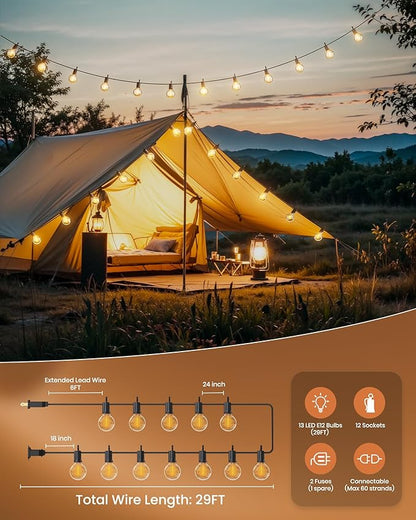 Brightown Outdoor String Lights 29 Feet G40 LED Patio Lights, Plug-in, 13 Plastic Edison Bulbs(1 Spare), Waterproof Connectable Hanging Light for Backyard Porch Balcony Party Decor, E12 Base, Black