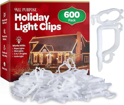 All-Purpose Holiday Light Clips [Set of 600] Christmas Light Clips, Outdoor Light Clips - Mount to Shingles & gutters - Works with Mini, C6, C7, C9, Rope, Icicle Lights - No Tools Required - USA Made
