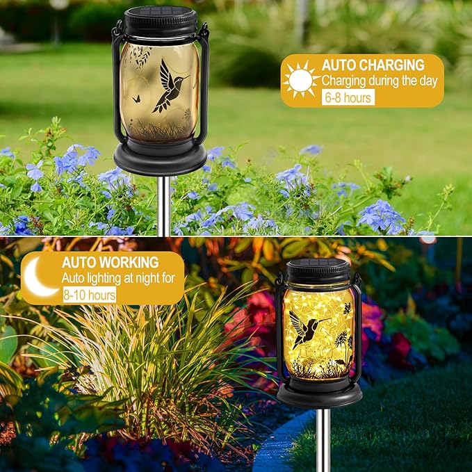 2 Pack Hummingbird Solar Outdoor Lanterns, Birthday Mothers Day Gifts for Women Mom Grandma, Vintage Glass Mason Jar Solar Fairy Lights, Waterproof Garden Lights for Patio Yard Lawn Tree