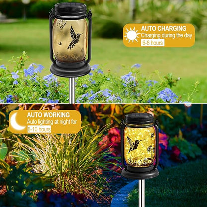 2 Pack Hummingbird Solar Outdoor Lanterns, Birthday Mothers Day Gifts for Women Mom Grandma, Vintage Glass Mason Jar Solar Fairy Lights, Waterproof Garden Lights for Patio Yard Lawn Tree