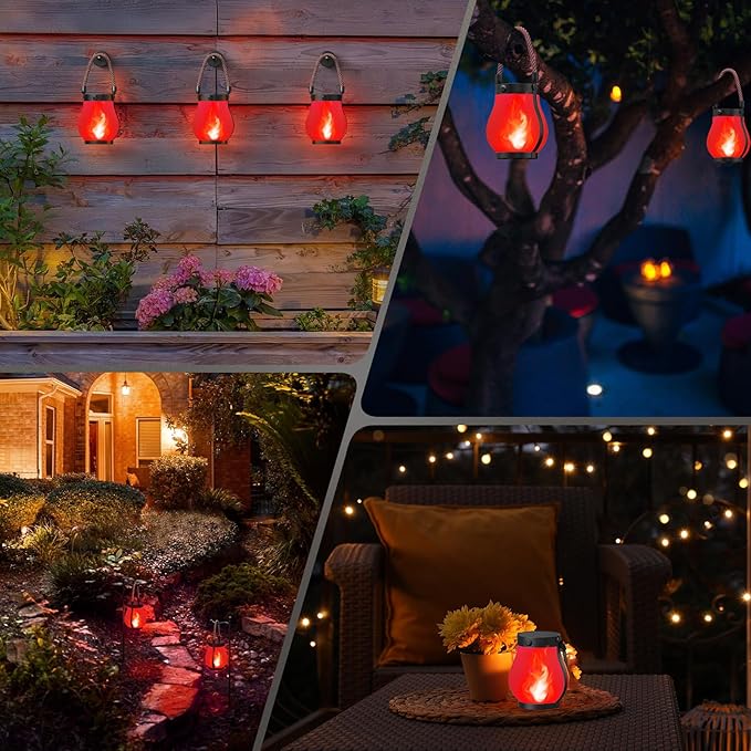 Hompavo Gen2 Solar Lanterns Outdoor with Ultra-Real Flame, Dual Charging (USB/Solar) & 2 Modes - Waterproof Decorative Hanging/Table Lights for Patio Garden Halloween Christmas Decorations, 2/Red