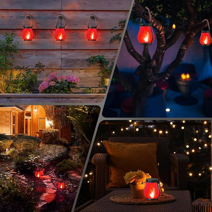 Hompavo Gen2 Solar Lanterns Outdoor with Ultra-Real Flame, Dual Charging (USB/Solar) & 2 Modes - Waterproof Decorative Hanging/Table Lights for Patio Garden Halloween Christmas Decorations, 2/Red