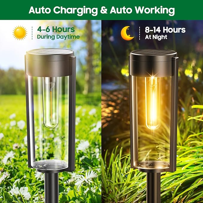 Solar Pathway Lights Outdoor 6 Pack, Upgraded Super Bright Up to 12 Hrs Long Lasting Solar Outdoor Lights, IP65 Waterproof Auto ON/Off Landscape Path Lights for Walkway Driveway Patio Yard