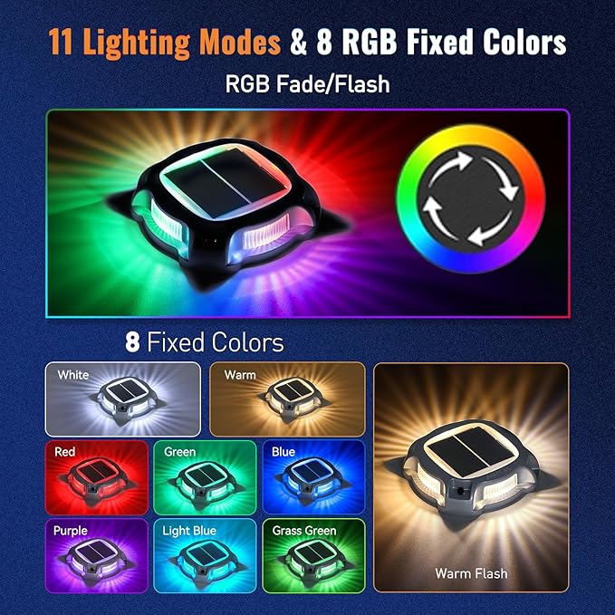 AGPTEK Metal Multi-Colors In 1 Solar Driveway Lights Outdoor 16 Pack, Aluminum RGB Deck Dock Marine LED Solar Powered Waterproof Decorative Marker Security Light for Garden, Yard, Step, Sidewalk, Path