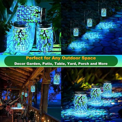 Uspring 2 Pack Mosaic Solar Lanterns Outdoor Waterproof Garden Decor Stained Glass Hanging Solar Jar Lights Gifts for Women Mom Grandma Handmade Outdoor Lantern Lamp for Patio Porch Yard Table