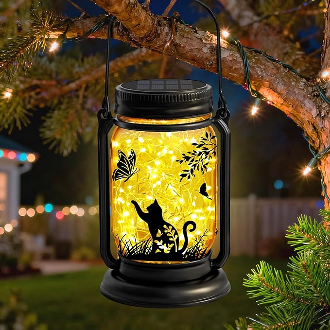 Cat Solar Lanterns, Outdoor Hanging Solar Lantern with Stake, Birthday Gifts for Mom, Grandma, Women Cat Lovers, Black Cat Butterfly Mason Jar Waterproof Lights for Yard Lawn Garden Decor
