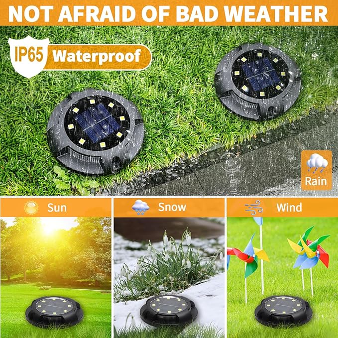 Solar Ground Lights, 8 Pack 12 LED Solar Disk Lights Outdoor Waterproof In-Ground Landscape Lighting for Garden Pathway Yard Lawn Patio Deck Driveway Walkway Outside Decor (Warm White)