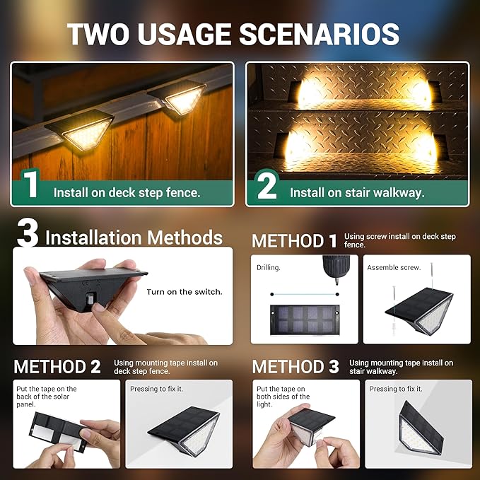 8 Pack Solar Step Lights for Outside, 24 LEDs Solar Stair Lights Waterproof IP65, Solar Deck Lights Outdoor Decor for Garden, Porch, Pathway, Patio, Fence(Warm White)
