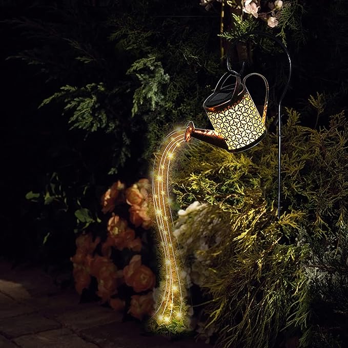Garden Shower Light Solar Powered Watering Can with Lights Star Light LED Outdoor String Fairy Lights Waterfall with Bracket for Home Path Patio Yard Lawn, White
