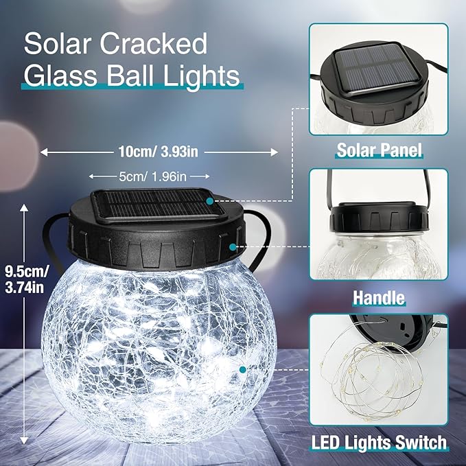 Kolpop Solar Lanterns Outdoor Waterproof 2 Pack, Hanging Solar Lights with 30 LED, Cracked Glass Hanging Globes for Garden Patio Fence Yard Christmas Tree Decoration, Cold White