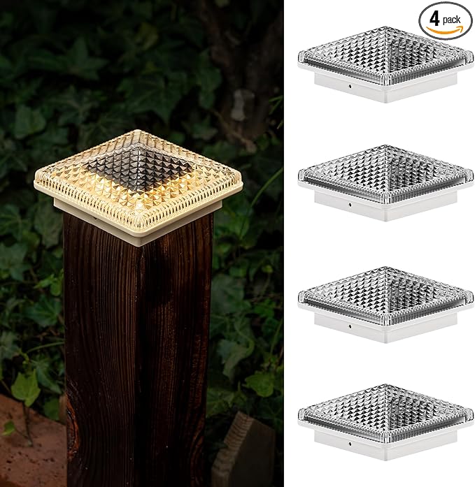 4-Pack Solar Post Cap Lights, Warm White Waterproof