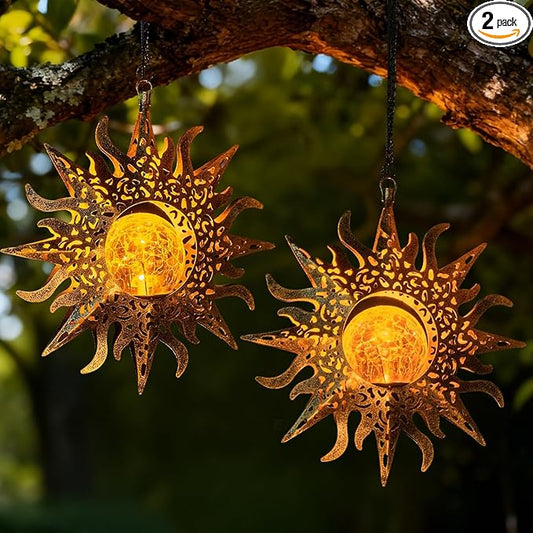 2 Pack Garden Decor Hanging Lanterns Outdoor Waterproof,Solar Lights Metal Sun Gifts Decoration for Yard Clearance Front Porch Lawn Driveway Patio Backyard Pathway Gardening Gift