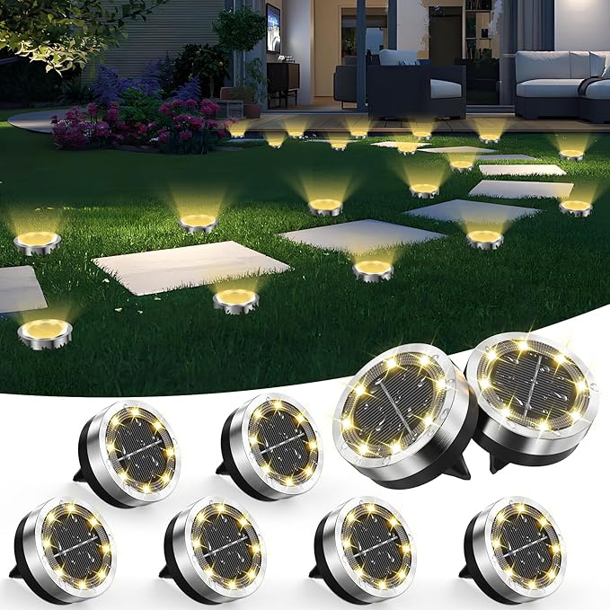 8-Pack Warm White In-Ground Solar Lights, Flat LED Driveway