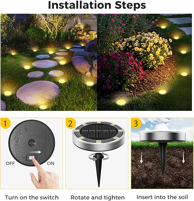 10 Pack Solar Ground Lights Outdoor, 8 LED Mini Flat Solar Disk Lights, IP65 Waterproof Anti-Rust Disc Light, Landscape Lighting for Garden Pathway Yard Walkway Driveway Lawn,Warm White