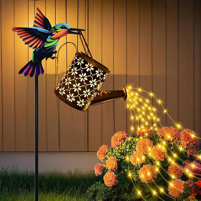 Solar Watering Can with Cascading Lights Outdoor Garden Decor, Hummingbird Shaped Hook Gardening Gifts for Mom Women Grandma Birthday, Solar Lights for Garden Decorations Patio Yard Lawn Backyard